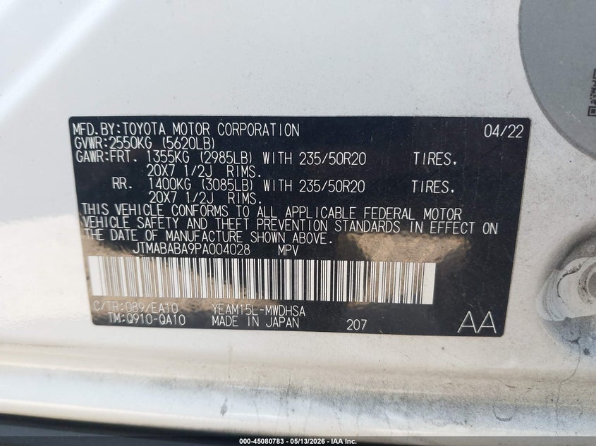 2023 Toyota Bz4x VIN JTMABABA9PA004028 IAAI salvage auction — LEFT SIDE, Salvage - 75% Or Less (Maryland), sold $9,500 on 2026-07-14 (photo 9)