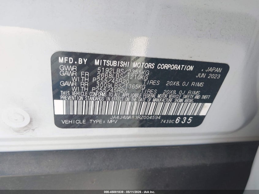 2024 Mitsubishi Outlander VIN JA4J4WA83RZ004594 IAAI salvage auction — REAR END, Salvage (Georgia), sold $13,100 on 2026-07-28 (photo 9)