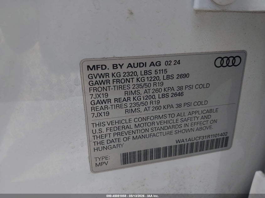 2024 Audi Q3 VIN WA1AUCF31R1101402 IAAI salvage auction — UNDERCARRIAGE, Salvage - Greater Than 75% (Maryland), sold $13,600 on 2026-07-28 (photo 9)