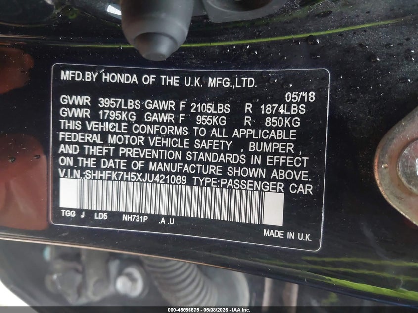 2018 Honda Civic VIN SHHFK7H5XJU421089 IAAI salvage auction — FRONT END, Salvage (Idaho), sold $2,050 on 2026-07-06 (photo 9)