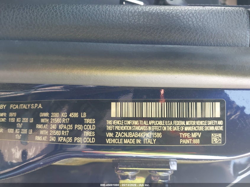 2019 Jeep Renegade VIN ZACNJBAB4KPK71586 IAAI salvage auction — HAIL, Salvage (Ohio), sold $2,950 on 2026-07-07 (photo 9)