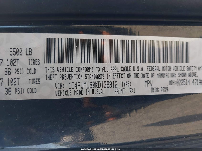 2019 Jeep Cherokee VIN 1C4PJMLB0KD138312 IAAI salvage auction — HAIL, Salvage (Ohio), sold $2,100 on 2026-07-31 (photo 9)