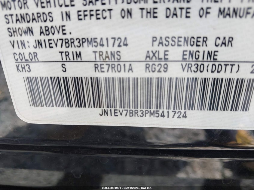 2023 Infiniti Q50 VIN JN1EV7BR3PM541724 IAAI salvage auction — FRONT & REAR, Mv-907A (New York), sold $4,350 on 2026-07-07 (photo 9)