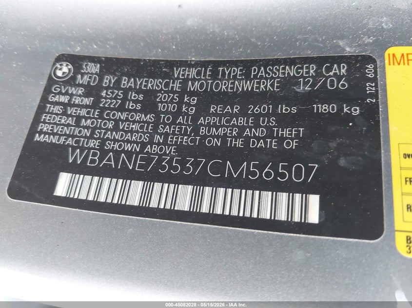 2007 BMW 5 series VIN WBANE73537CM56507 IAAI salvage auction — FRONT END, Mv-907A (New York), sold $450 on 2026-07-07 (photo 9)