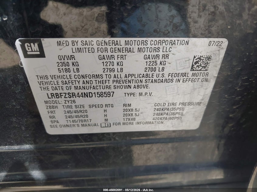 2022 Buick Envision VIN LRBFZSR44ND158597 IAAI salvage auction — FRONT END, Salvage (Minnesota), sold $7,100 on 2026-08-20 (photo 9)