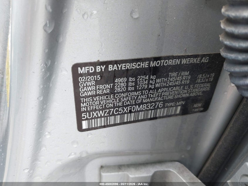 2015 BMW X3 VIN 5UXWZ7C5XF0M83276 IAAI salvage auction — FRONT END, Salvage (Louisiana), sold $1,175 on 2026-07-14 (photo 9)