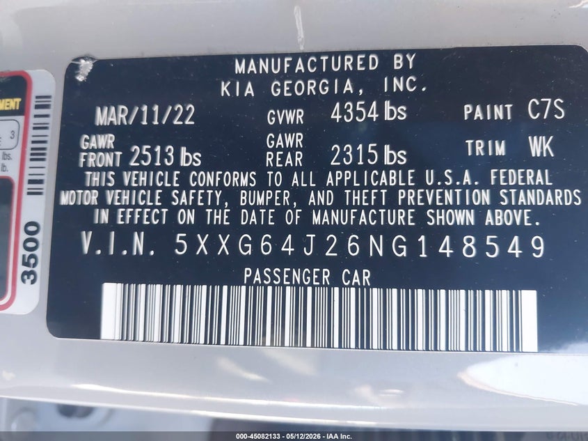 2022 Kia K5 VIN 5XXG64J26NG148549 IAAI salvage auction — FRONT END, Salvage - Greater Than 75% (Maryland), sold $1,950 on 2026-07-27 (photo 9)