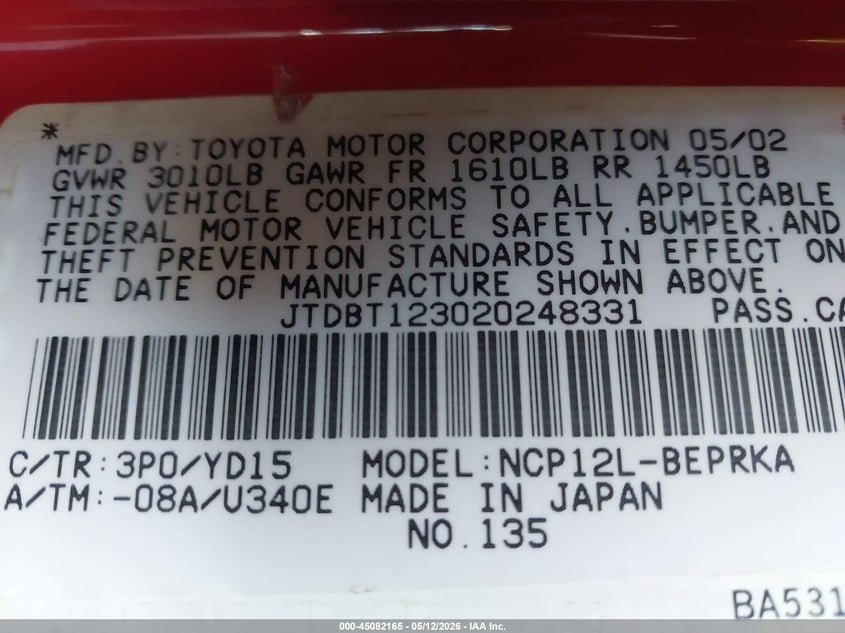 2002 Toyota Echo VIN JTDBT123020248331 IAAI salvage auction — FRONT END, Parts Only Bos (Minnesota), sold $225 on 2026-07-08 (photo 9)