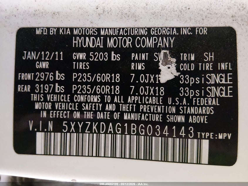 2011 Hyundai Santa fe VIN 5XYZKDAG1BG034143 IAAI salvage auction — FRONT END, Bill Of Sale (Alaska), sold $25 on 2026-07-31 (photo 9)