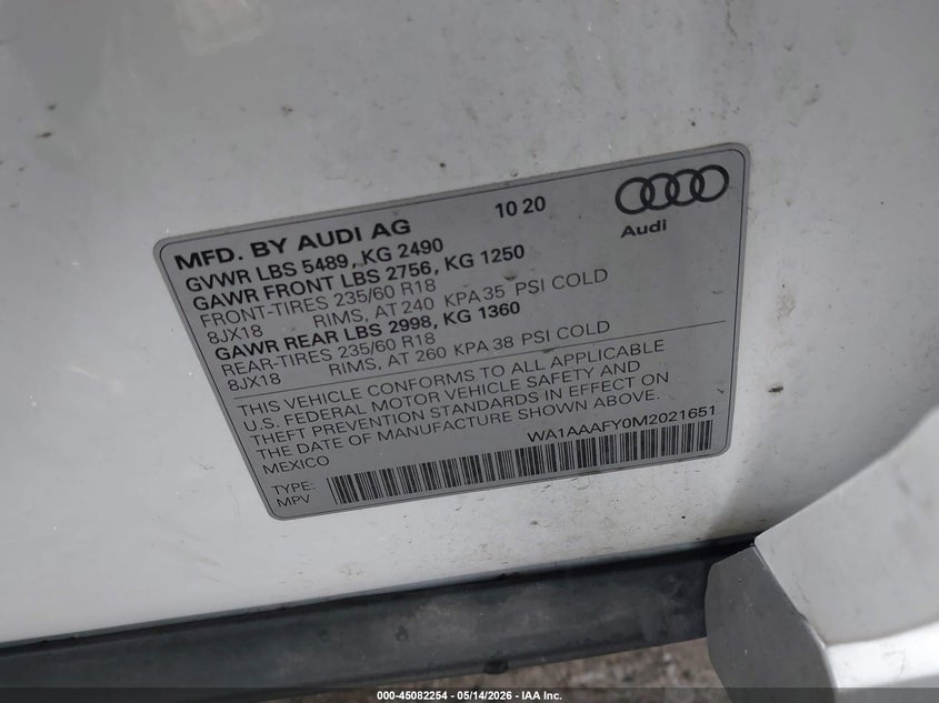 2021 Audi Q5 VIN WA1AAAFY0M2021651 IAAI salvage auction — FRONT END, Salvage (Massachusetts), sold $8,800 on 2026-07-28 (photo 9)