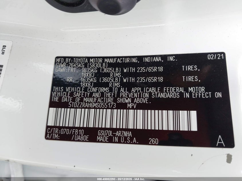 2021 Toyota Highlander VIN 5TDZZRAH6MS055173 IAAI salvage auction — FRONT END, Certificate Of Destruction (Florida), sold $9,250 on 2026-07-23 (photo 9)