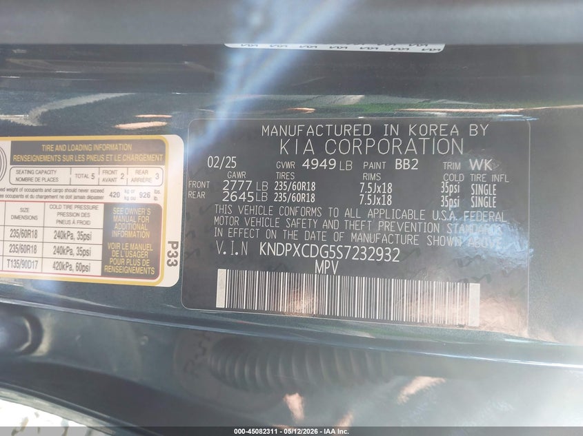 2025 Kia Sportage VIN KNDPXCDG5S7232932 IAAI salvage auction — FRONT END, Salvage (Pennsylvania), sold $10,925 on 2026-07-14 (photo 9)