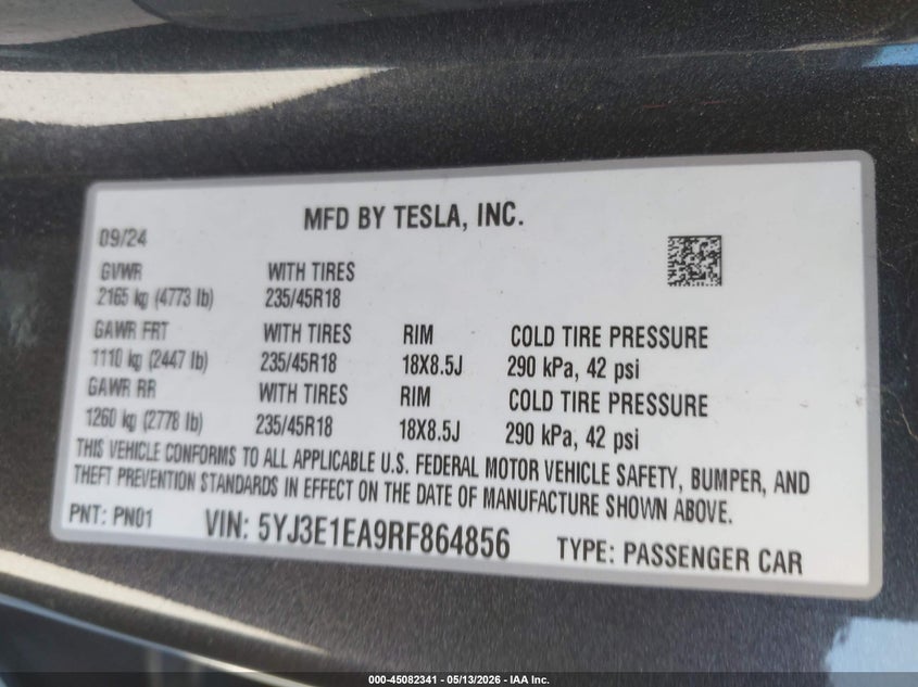 2024 Tesla Model 3 VIN 5YJ3E1EA9RF864856 IAAI salvage auction — FRONT END, Salvage (Texas), sold $6,900 on 2026-07-09 (photo 9)