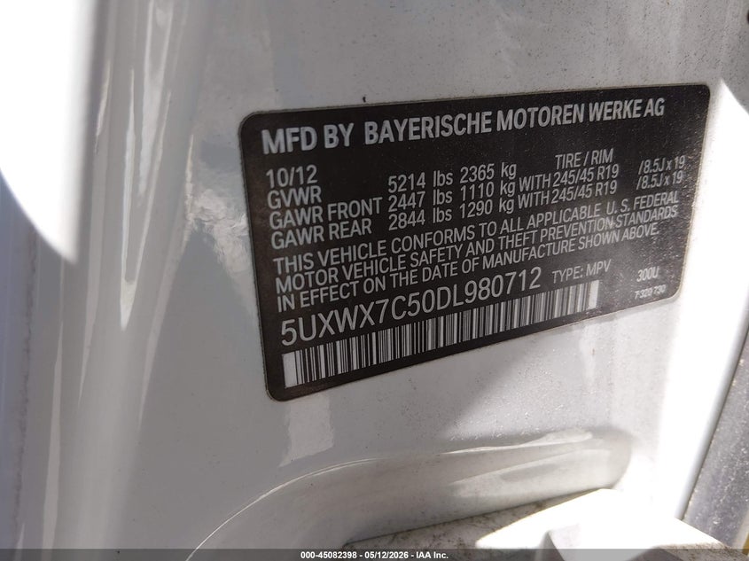 2013 BMW X3 VIN 5UXWX7C50DL980712 IAAI salvage auction — FRONT END, Salvage (New Jersey), sold $1,200 on 2026-07-13 (photo 9)