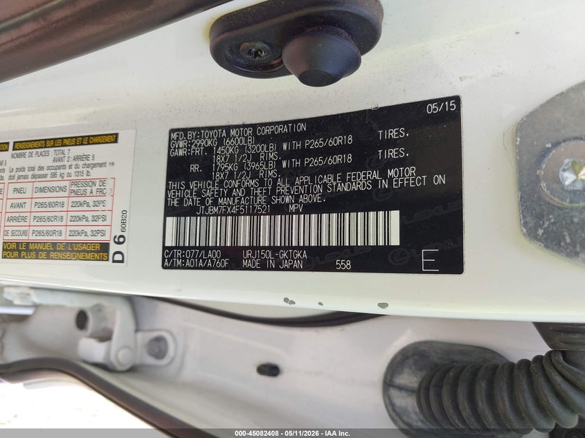 2015 Lexus Gx VIN JTJBM7FX4F5117521 IAAI salvage auction — FRONT END, Salvage (Texas), sold $12,200 on 2026-07-21 (photo 9)