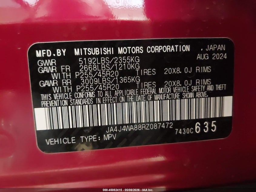 2024 Mitsubishi Outlander VIN JA4J4WA88RZ087472 IAAI salvage auction — REAR END, Regular (South Dakota), sold $11,225 on 2026-07-28 (photo 9)