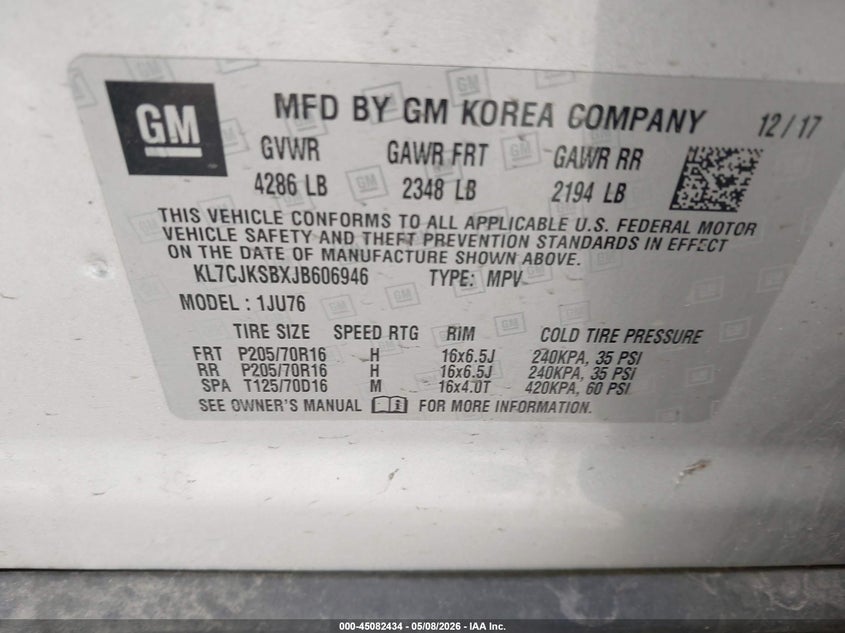 2018 Chevrolet Trax VIN KL7CJKSBXJB606946 IAAI salvage auction — HAIL, Salvage (Illinois), sold $875 on 2026-07-28 (photo 9)