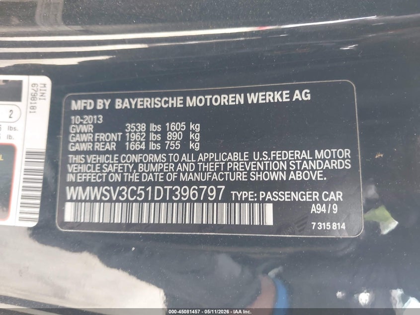 2013 Mini Hard top VIN WMWSV3C51DT396797 IAAI salvage auction — RIGHT SIDE, Salvage (Georgia), sold $1,725 on 2026-08-04 (photo 9)