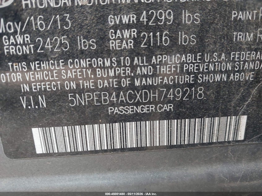 2013 Hyundai Sonata VIN 5NPEB4ACXDH749218 IAAI salvage auction — FRONT END, Salvage (South Carolina), sold $300 on 2026-07-27 (photo 9)