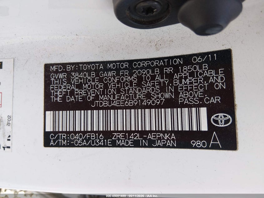 2011 Toyota Corolla VIN JTDBU4EE6B9149097 IAAI salvage auction — LEFT SIDE, Salvage (West Virginia), sold $1,150 on 2026-07-29 (photo 9)
