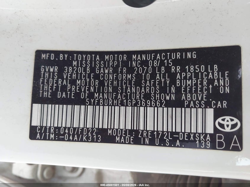 2016 Toyota Corolla VIN 5YFBURHE1GP369662 IAAI salvage auction — FRONT END, Original (Texas), sold $2,800 on 2026-07-29 (photo 9)