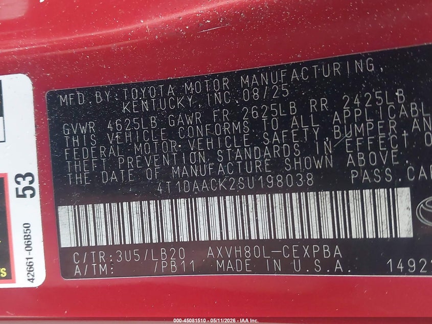 2025 Toyota Camry VIN 4T1DAACK2SU198038 IAAI salvage auction — FRONT END, Salvage - Greater Than 75% (Maryland), sold $12,600 on 2026-08-01 (photo 9)