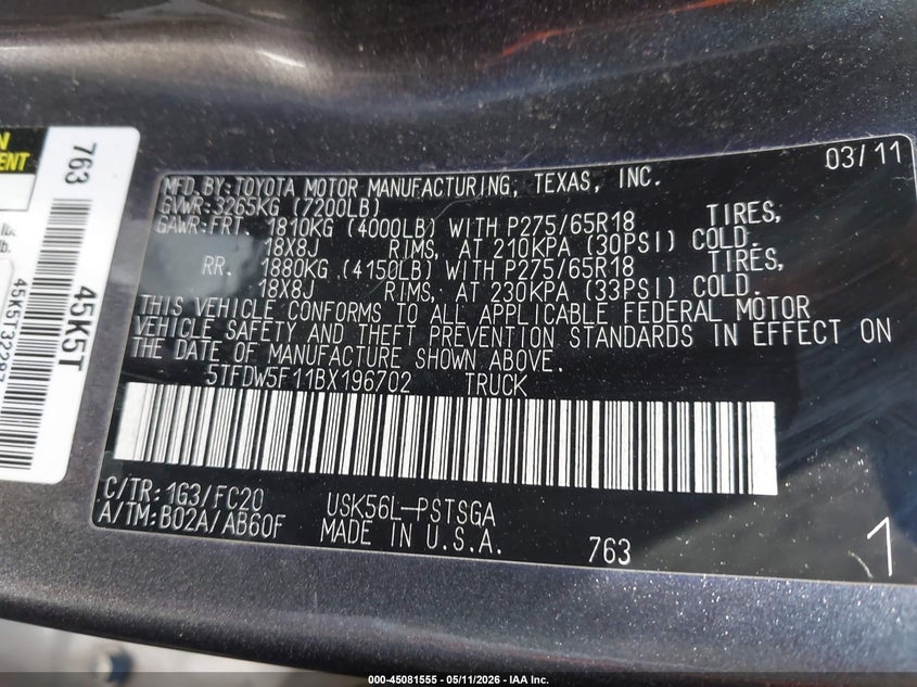 2011 Toyota Tundra VIN 5TFDW5F11BX196702 IAAI salvage auction — REAR END, Clear (Michigan), sold $6,375 on 2026-07-20 (photo 9)