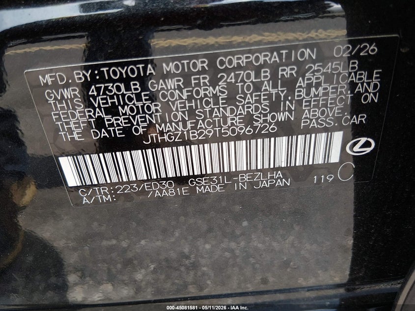 2026 Lexus Is VIN JTHGZ1B29T5096726 IAAI salvage auction — ALL OVER, Certificate Of Destruction (Florida), sold $550 on 2026-07-30 (photo 9)