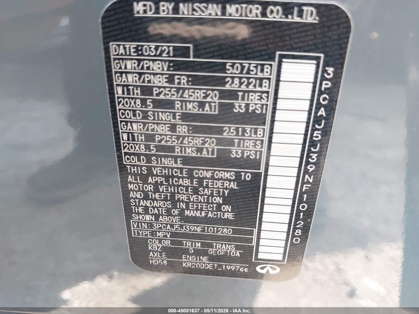 2022 Infiniti Qx55 VIN 3PCAJ5J39NF101280 IAAI salvage auction — FRONT END, Salvage (Texas), sold $6,025 on 2026-07-20 (photo 9)