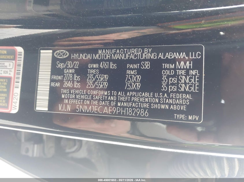 2023 Hyundai Tucson VIN 5NMJECAE9PH182986 IAAI salvage auction — REAR END, Salvage (Arkansas), sold $7,300 on 2026-07-29 (photo 9)
