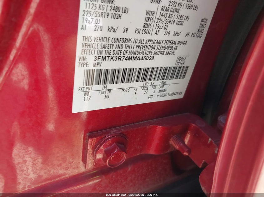 2021 Ford Mustang mach-e VIN 3FMTK3R74MMA45028 IAAI salvage auction — RIGHT FRONT, Original (Texas), sold $7,150 on 2026-07-16 (photo 9)