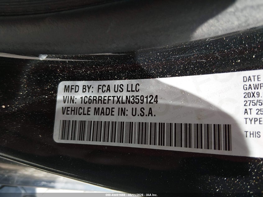 2020 Ram 1500 VIN 1C6RREFTXLN359124 IAAI salvage auction — FRONT END, Salvage (West Virginia), sold $9,100 on 2026-07-19 (photo 9)