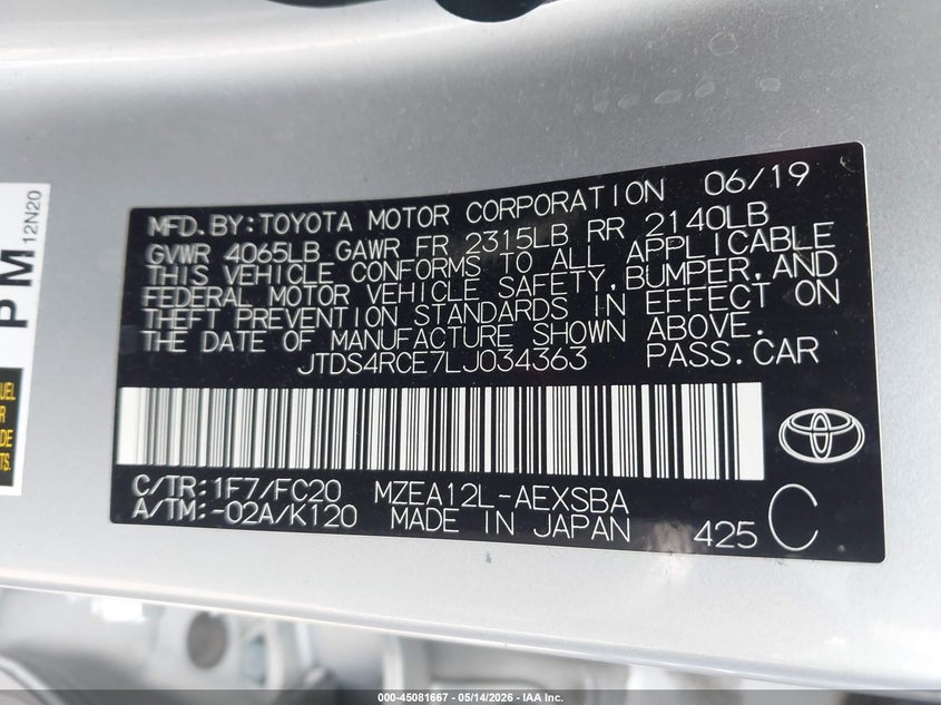 2020 Toyota Corolla VIN JTDS4RCE7LJ034363 IAAI salvage auction — FRONT END, Salvage (Nebraska), sold $6,950 on 2026-07-09 (photo 9)
