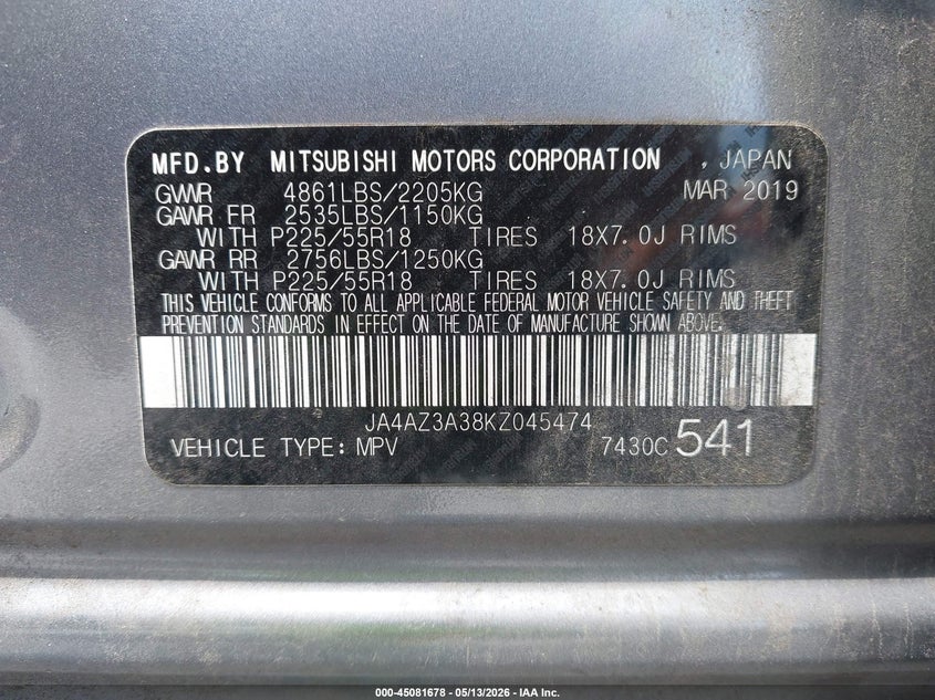 2019 Mitsubishi Outlander VIN JA4AZ3A38KZ045474 IAAI salvage auction — FRONT END, Rebuildable (Florida), sold $25 on 2026-07-30 (photo 9)
