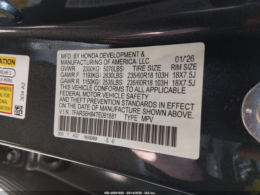 2026 Honda Cr-v VIN 7FARS6H84TE091881 IAAI salvage auction — HAIL, Salvage (Ohio), sold $26,850 on 2026-07-14 (photo 9)