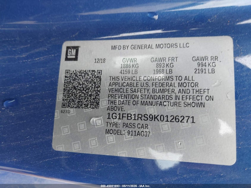 2019 Chevrolet Camaro VIN 1G1FB1RS9K0126271 IAAI salvage auction — RIGHT SIDE, Original (Texas), sold $5,950 on 2026-07-09 (photo 9)