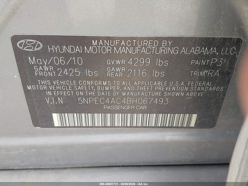 2011 Hyundai Sonata VIN 5NPEC4AC4BH067493 IAAI salvage auction — NORMAL WEAR, Original (Ohio), sold $275 on 2026-07-08 (photo 9)