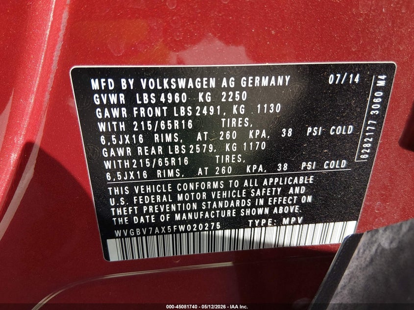 2015 Volkswagen Tiguan VIN WVGBV7AX5FW020275 IAAI salvage auction — HAIL, Salvage (Illinois), sold $1,650 on 2026-07-07 (photo 9)