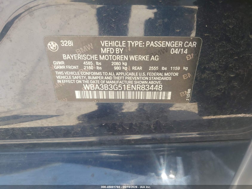 2014 BMW VIN WBA3B3G51ENR83448 IAAI salvage auction — WATER/FLOOD, Salvage (Texas), sold $350 on 2026-07-31 (photo 9)