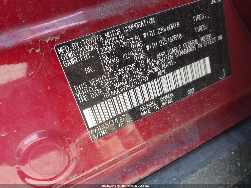 2021 Toyota Venza VIN JTEAAAAH9MJ010159 IAAI salvage auction — FRONT END, Salvage (Massachusetts), sold $7,600 on 2026-07-21 (photo 9)