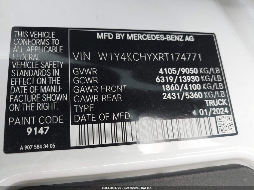 2024 Mercedes-benz Sprinter VIN W1Y4KCHYXRT174771 IAAI salvage auction — FRONT END, Salvage (North Carolina), sold $8,000 on 2026-07-24 (photo 9)