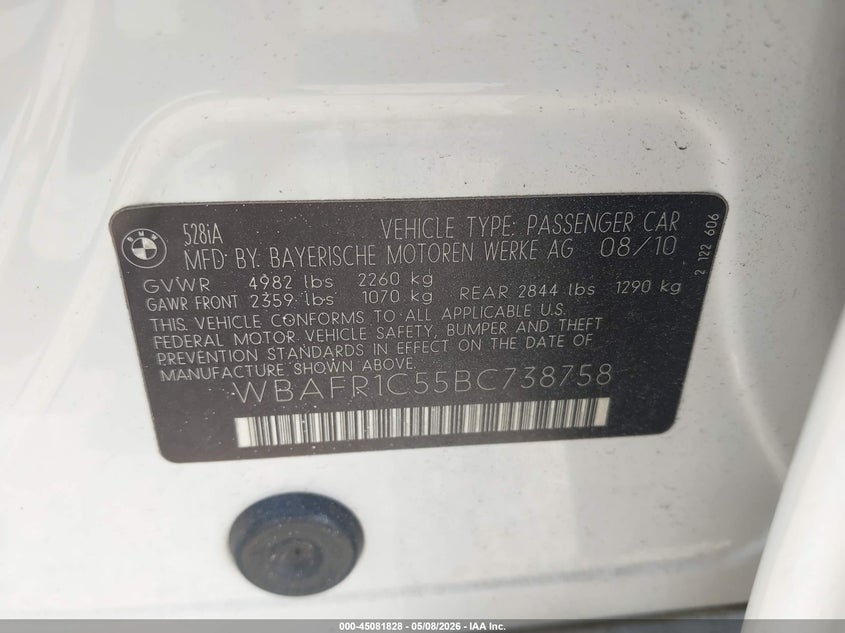 2011 BMW 5er VIN WBAFR1C55BC738758 IAAI salvage auction — NORMAL WEAR, Salvage (Texas), sold $225 on 2026-07-22 (photo 9)