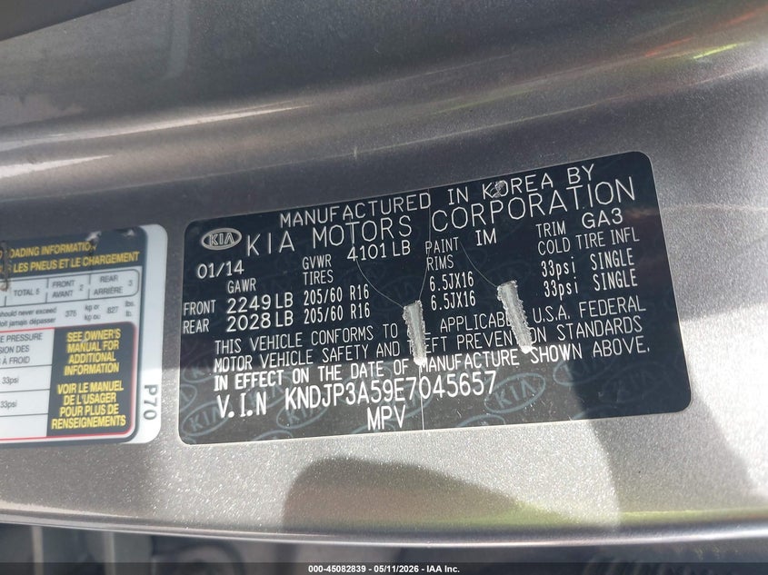 2014 Kia Soul VIN KNDJP3A59E7045657 IAAI salvage auction — FRONT END, Rebuildable (Florida), sold $800 on 2026-07-07 (photo 9)