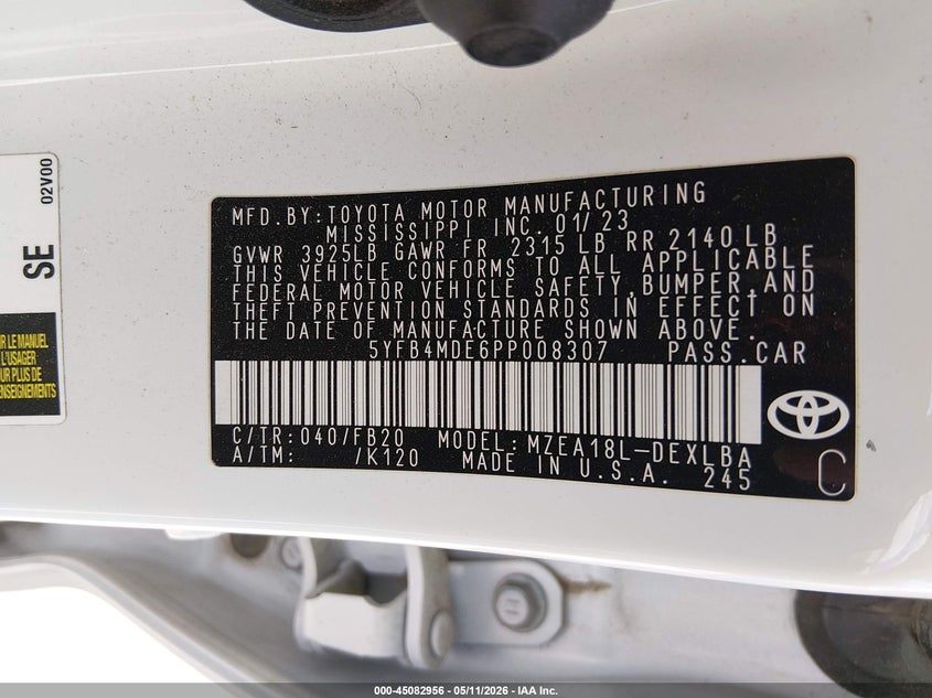 2023 Toyota Corolla VIN 5YFB4MDE6PP008307 IAAI salvage auction — RIGHT FRONT, Original (Texas), sold $8,800 on 2026-07-16 (photo 9)