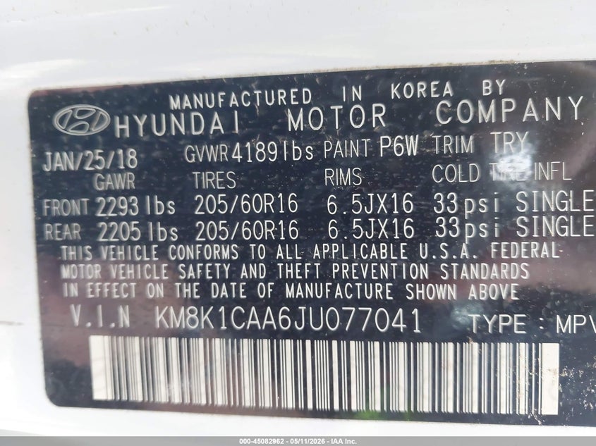2018 Hyundai Kona VIN KM8K1CAA6JU077041 IAAI salvage auction — NORMAL WEAR, Clear (North Carolina), sold $2,700 on 2026-07-22 (photo 9)