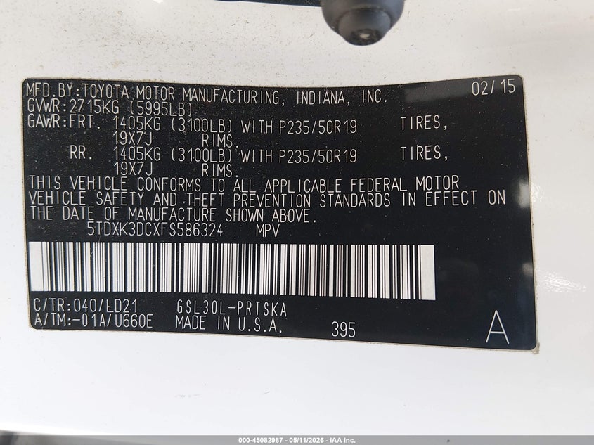 2015 Toyota Sienna VIN 5TDXK3DCXFS586324 IAAI salvage auction — FRONT END, Original (Texas), sold $5,550 on 2026-07-14 (photo 9)
