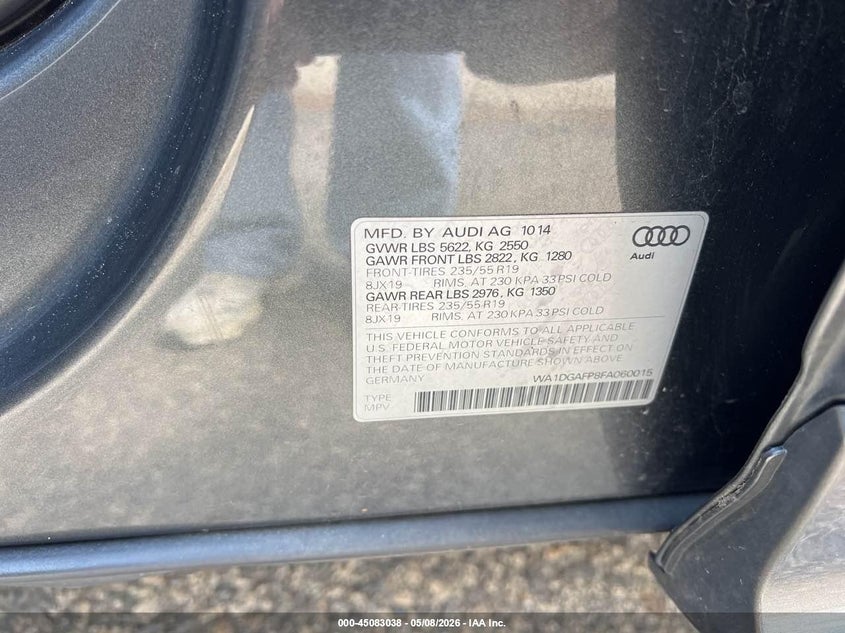 2015 Audi Q5 VIN WA1DGAFP8FA060015 IAAI salvage auction — NORMAL WEAR, Original (New Hampshire), sold $2,950 on 2026-07-08 (photo 9)