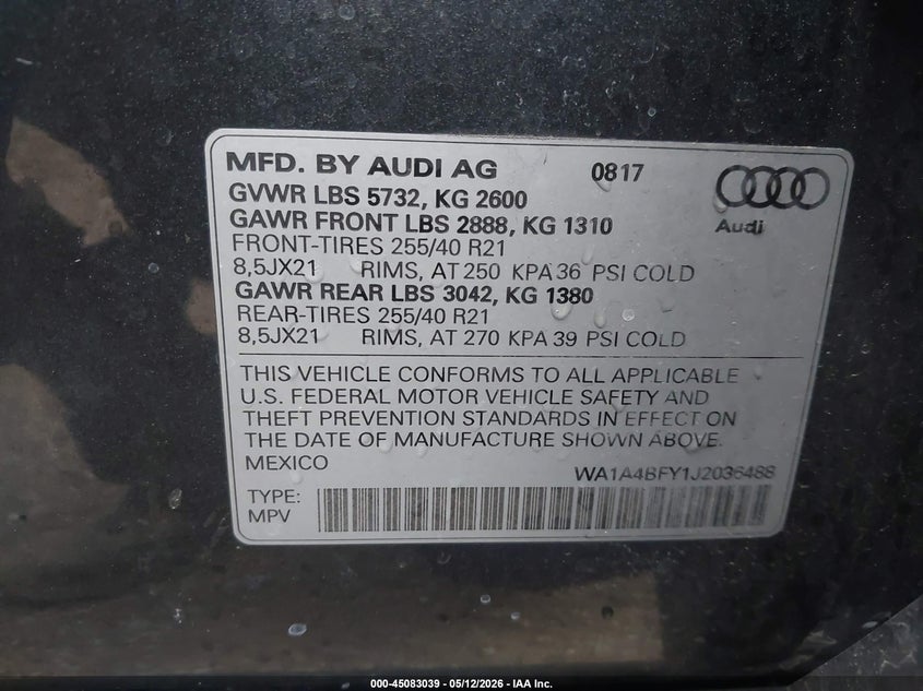 2018 Audi Sq5 VIN WA1A4BFY1J2036488 IAAI salvage auction — RIGHT REAR, Salvage (California), sold $8,200 on 2026-07-06 (photo 9)