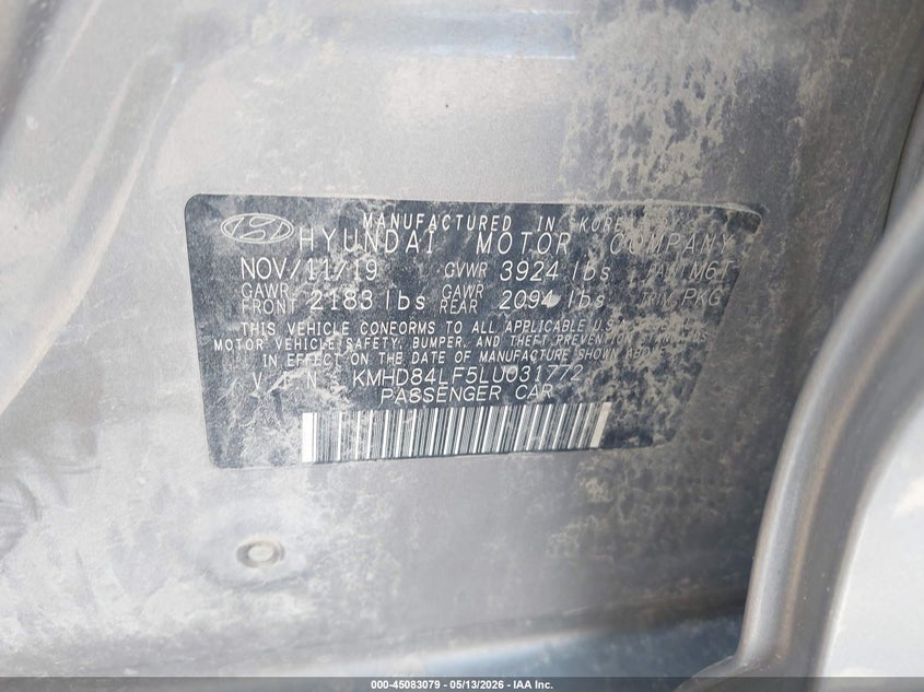 2020 Hyundai Elantra VIN KMHD84LF5LU031772 IAAI salvage auction — HAIL, Original (Texas), sold $2,250 on 2026-07-29 (photo 9)