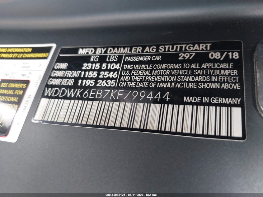 2019 Mercedes-benz VIN WDDWK6EB7KF799444 IAAI salvage auction — FRONT & REAR, Salvage Title, sold $2,150 on 2026-07-28 (photo 9)